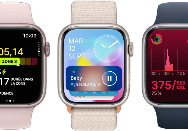 Image de cinq Apple Watch vues de face montrant toute l’information qu’on peut y voir grâce à watchOS 10.