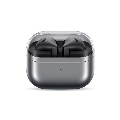 Black wireless earbuds in a charging case representing Bell accessories.
